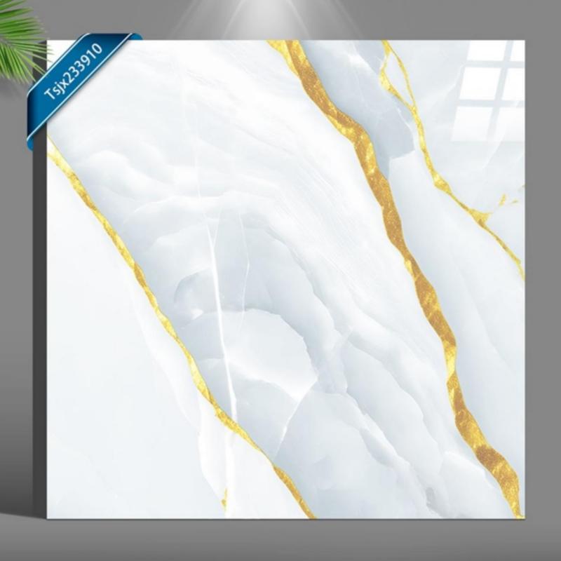 White Glossy Surface Golden Vein Ceramic Tile