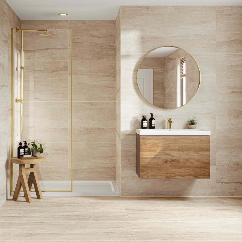 beige travertine look ceramic bathroom tile