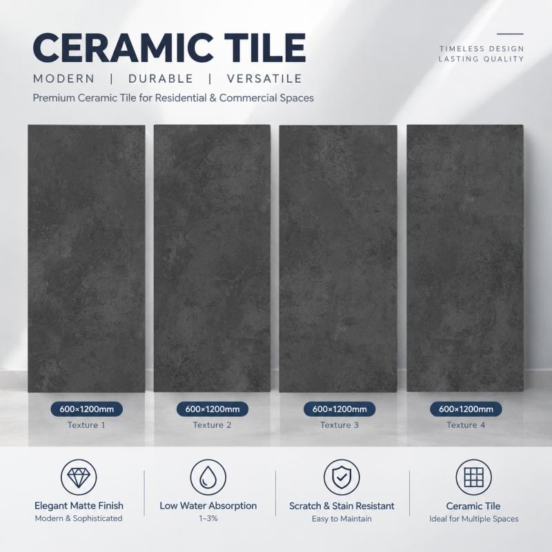 Dark Grey Textured Stone Ceramic Tile